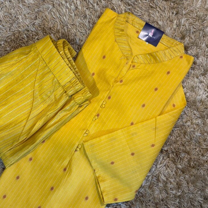Semi Silk Kurti with Pant (2 Piece Set) - Yellow | M - Image 2
