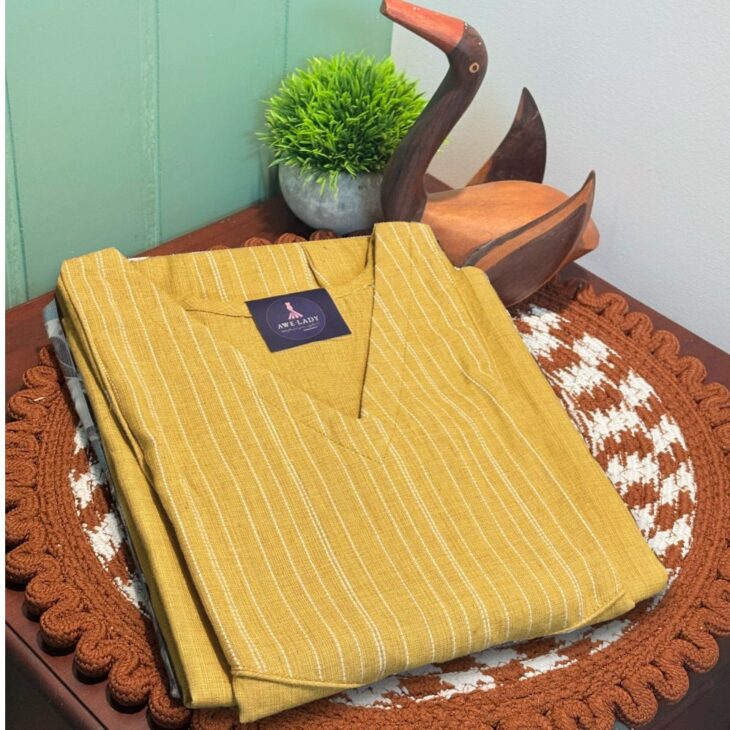 Mustard Yellow Cotton Inverted Pleated Kurta | L, XXL