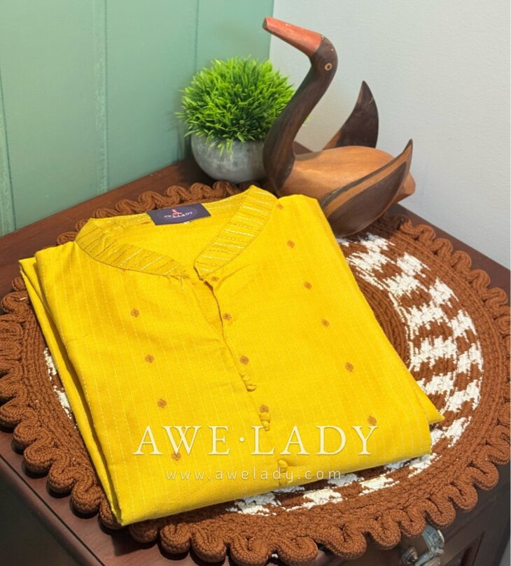 Semi Silk Kurti with Pant (2 Piece Set) - Yellow | M